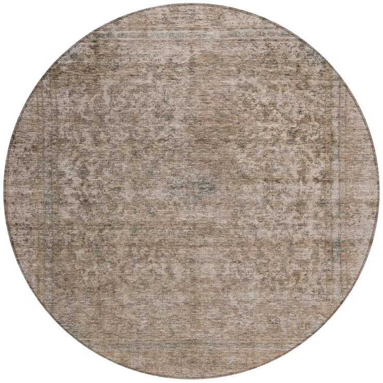 8' Brown And Beige Round Abstract Washable Indoor Outdoor Area Rug
