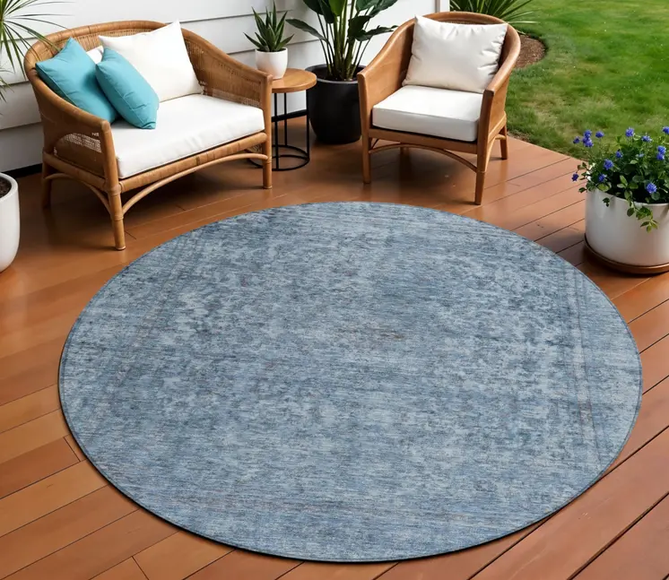 8' Blue And Beige Round Abstract Washable Indoor Outdoor Area Rug