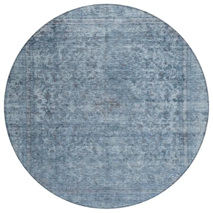 8' Blue And Beige Round Abstract Washable Indoor Outdoor Area Rug