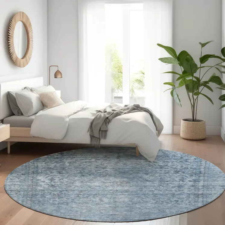 8' Blue And Beige Round Abstract Washable Indoor Outdoor Area Rug