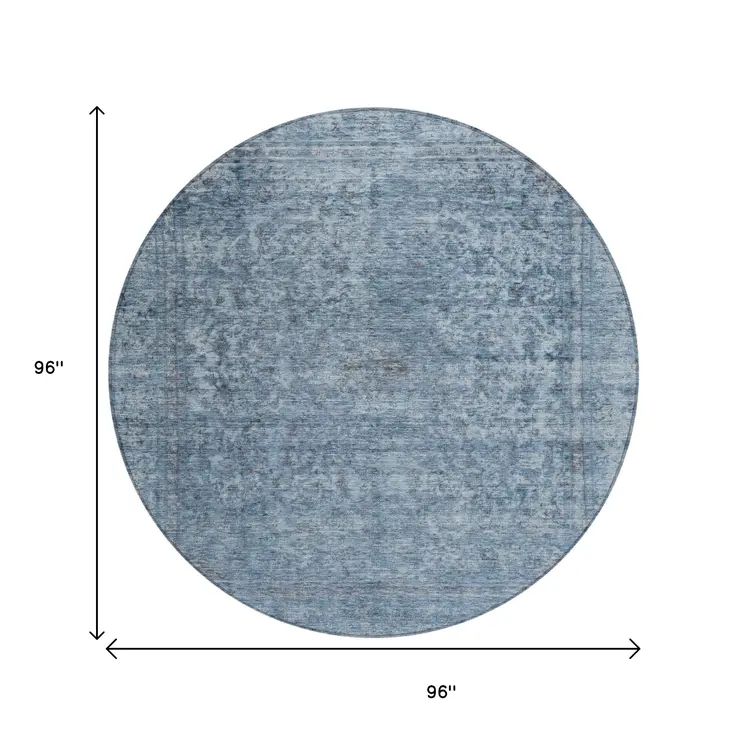 8' Blue And Beige Round Abstract Washable Indoor Outdoor Area Rug