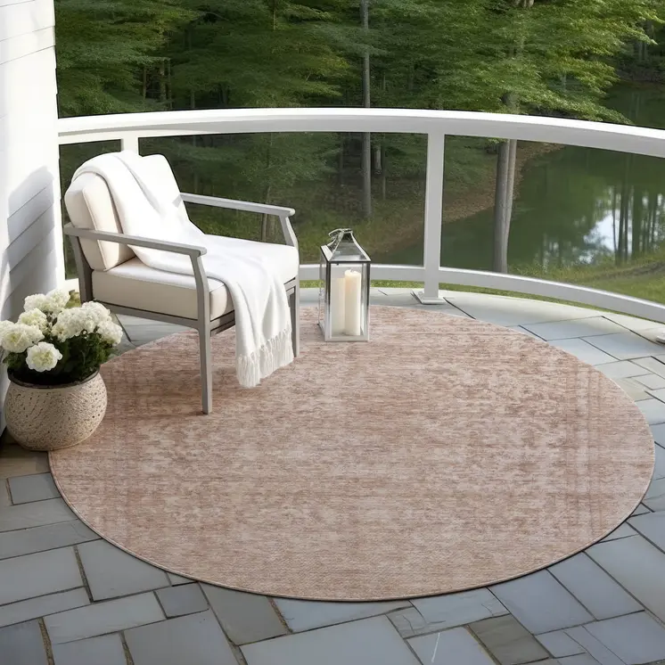 8' Copper And Beige Round Abstract Washable Indoor Outdoor Area Rug