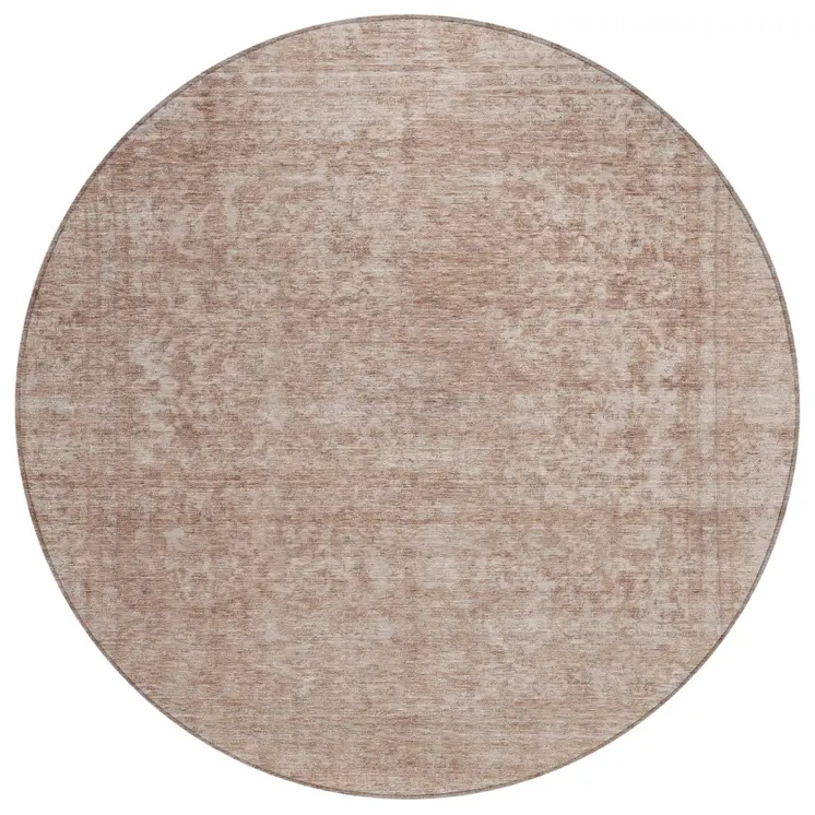 8' Copper And Beige Round Abstract Washable Indoor Outdoor Area Rug