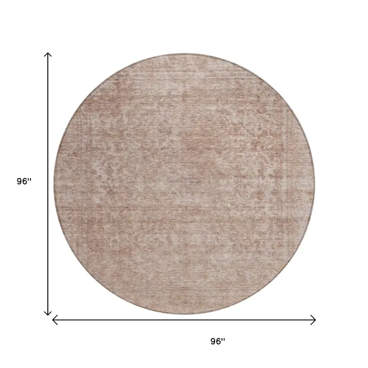 8' Copper And Beige Round Abstract Washable Indoor Outdoor Area Rug