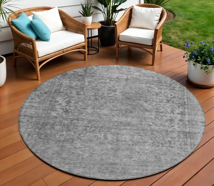 8' Gray And Beige Round Abstract Washable Indoor Outdoor Area Rug