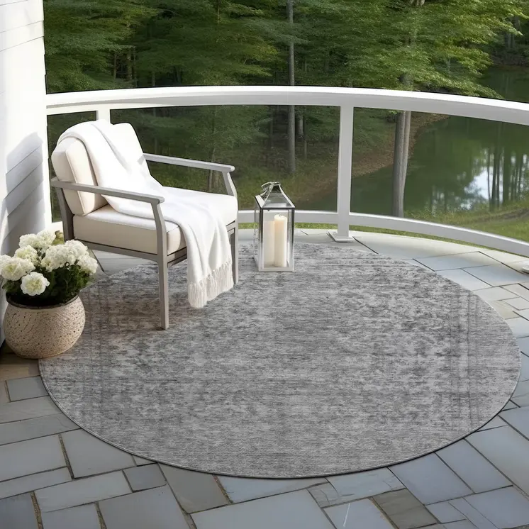 8' Gray And Beige Round Abstract Washable Indoor Outdoor Area Rug