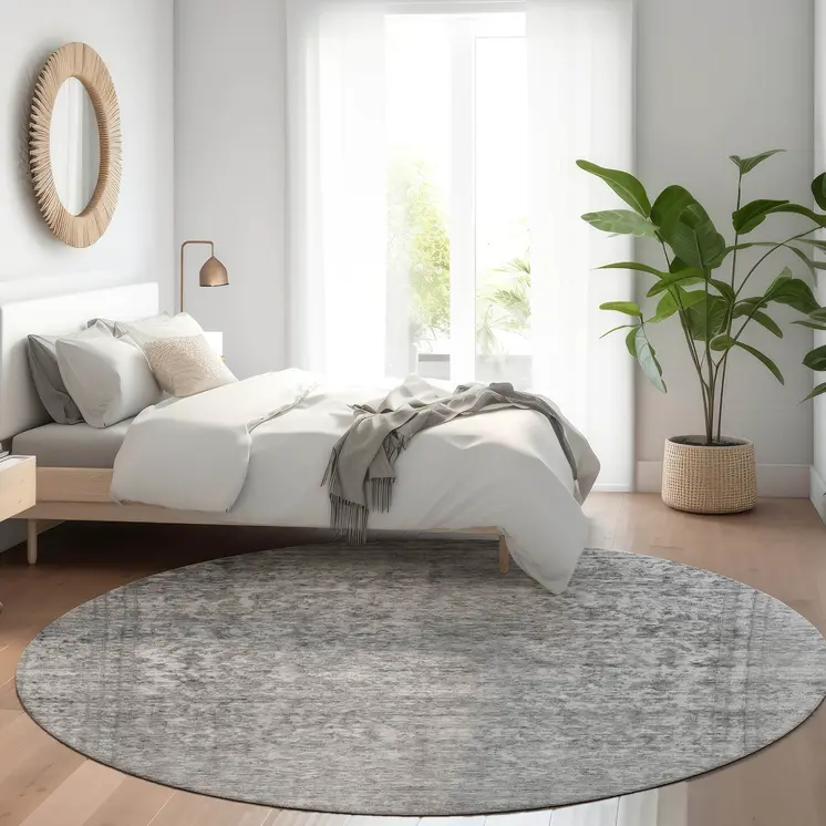8' Gray And Beige Round Abstract Washable Indoor Outdoor Area Rug