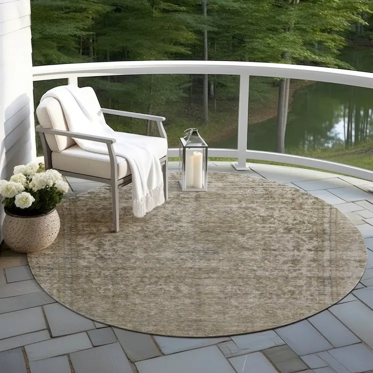 8' Pewter And Beige Round Abstract Washable Indoor Outdoor Area Rug