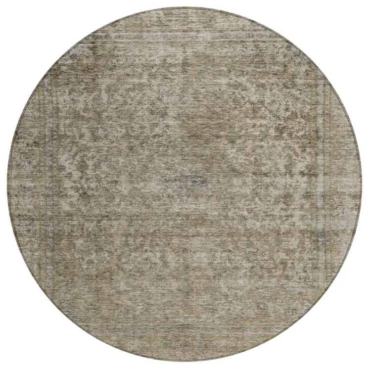 8' Pewter And Beige Round Abstract Washable Indoor Outdoor Area Rug