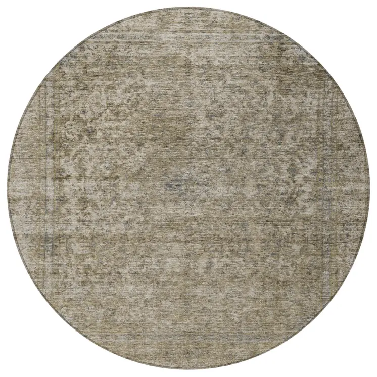 8' Pewter And Beige Round Abstract Washable Indoor Outdoor Area Rug