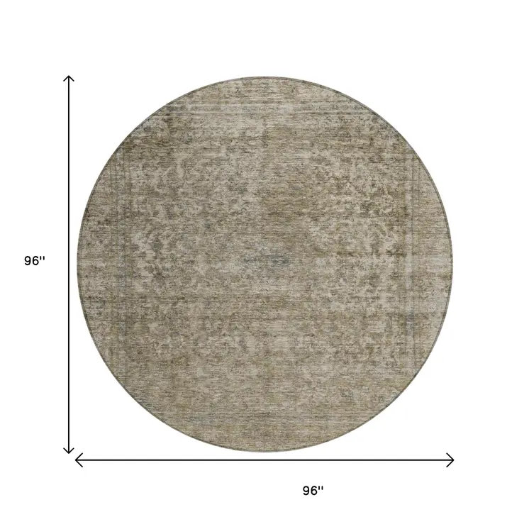 8' Pewter And Beige Round Abstract Washable Indoor Outdoor Area Rug