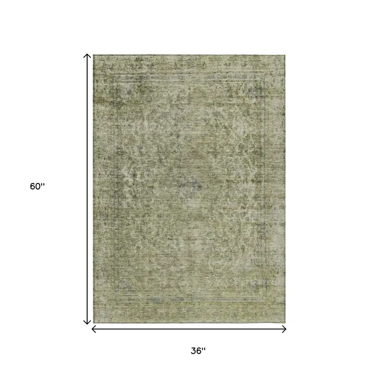 3' X 5' Sage And Beige Abstract Washable Indoor Outdoor Area Rug