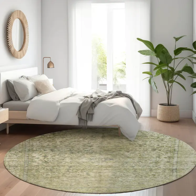 8' Sage And Beige Round Abstract Washable Indoor Outdoor Area Rug