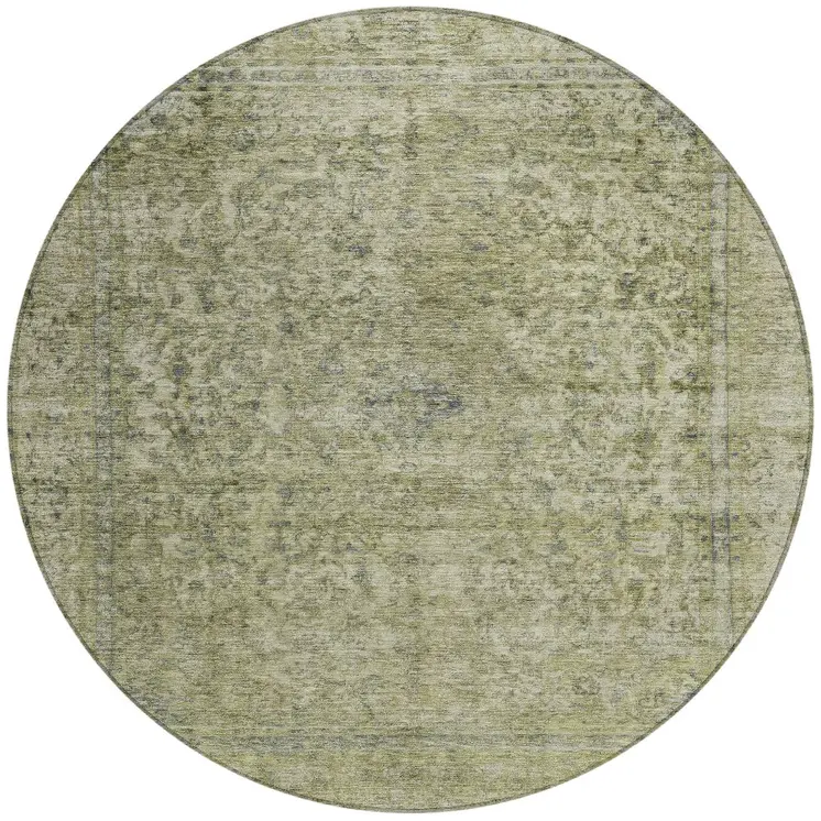 8' Sage And Beige Round Abstract Washable Indoor Outdoor Area Rug