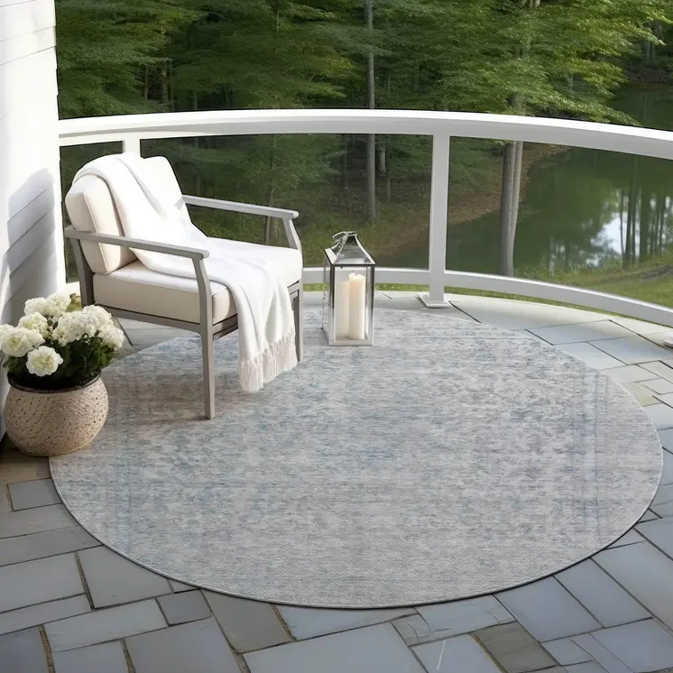 8' Silver And Beige Round Abstract Washable Indoor Outdoor Area Rug