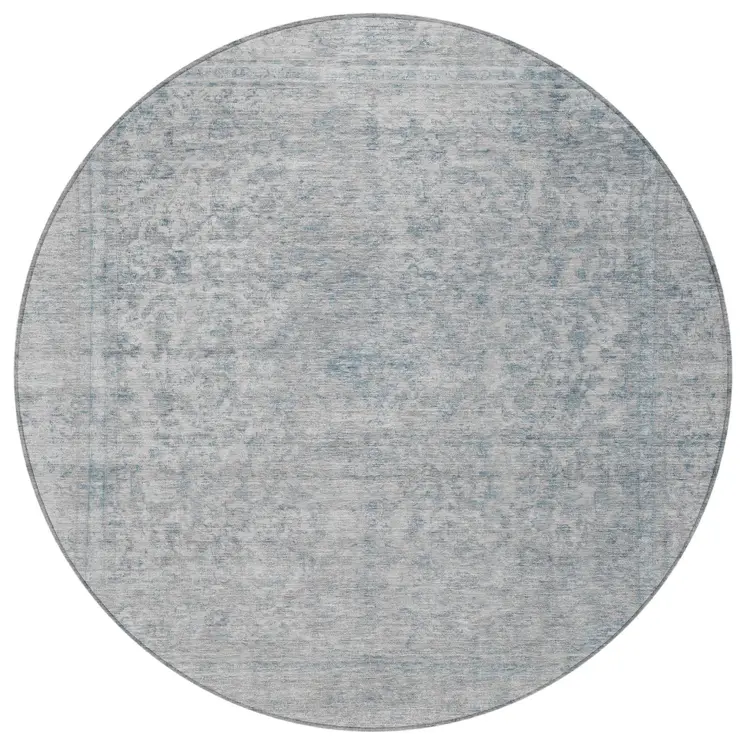 8' Silver And Beige Round Abstract Washable Indoor Outdoor Area Rug