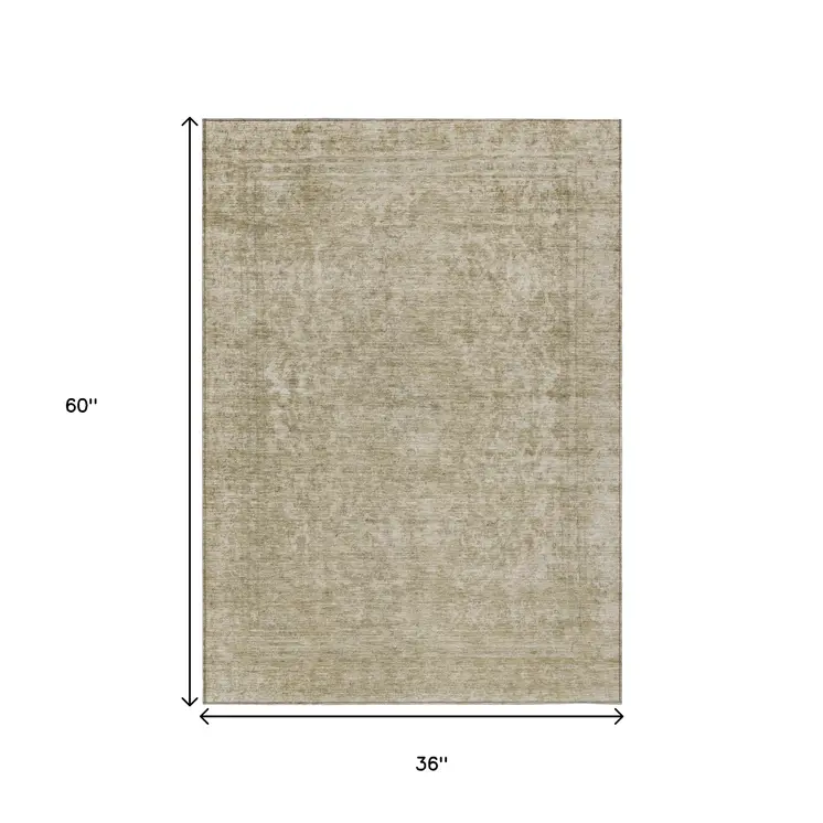 3' X 5' Tan And Beige Abstract Washable Indoor Outdoor Area Rug