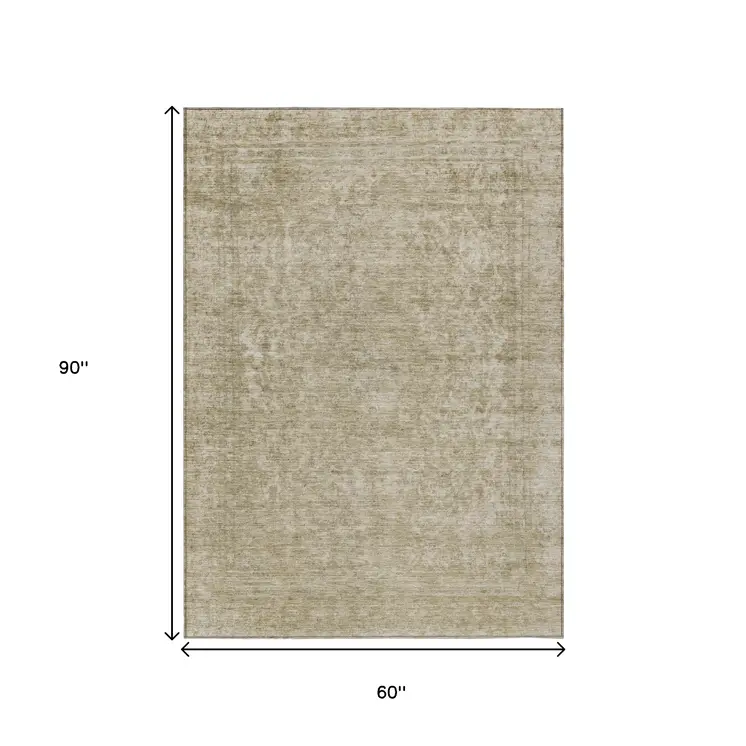 5' X 8' Tan And Beige Abstract Washable Indoor Outdoor Area Rug