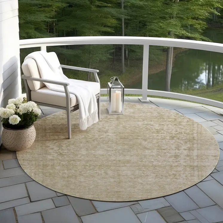 8' Tan And Beige Round Abstract Washable Indoor Outdoor Area Rug
