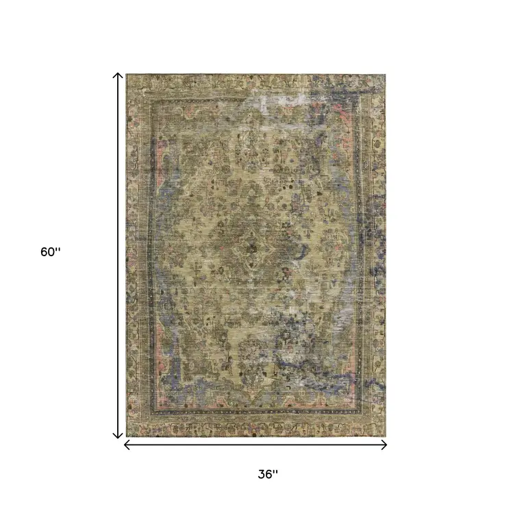 3' X 5' Artichoke Green And Denim Blue Medallion Washable Indoor Outdoor Area Rug