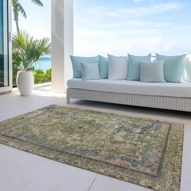 3' X 5' Artichoke Green And Denim Blue Medallion Washable Indoor Outdoor Area Rug