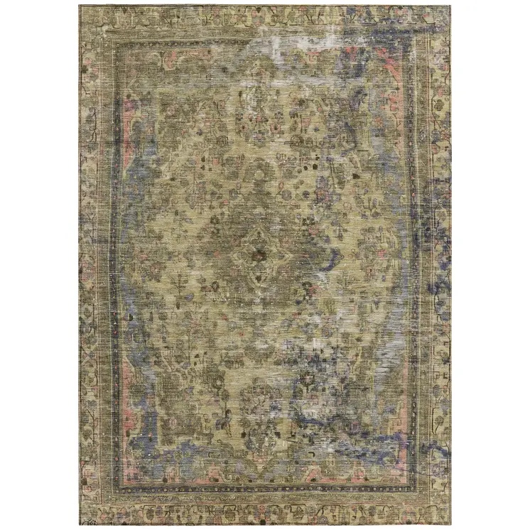 3' X 5' Artichoke Green And Denim Blue Medallion Washable Indoor Outdoor Area Rug