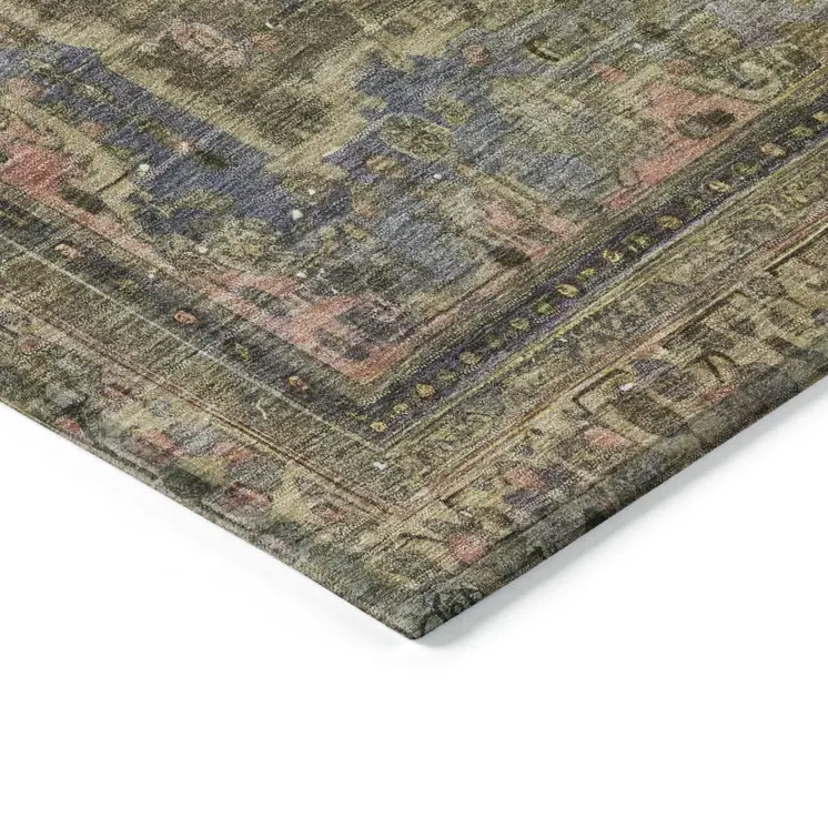 3' X 5' Artichoke Green And Denim Blue Medallion Washable Indoor Outdoor Area Rug