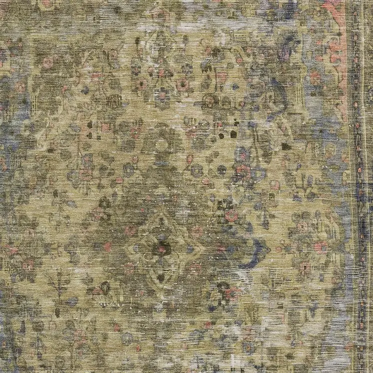 3' X 5' Artichoke Green And Denim Blue Medallion Washable Indoor Outdoor Area Rug