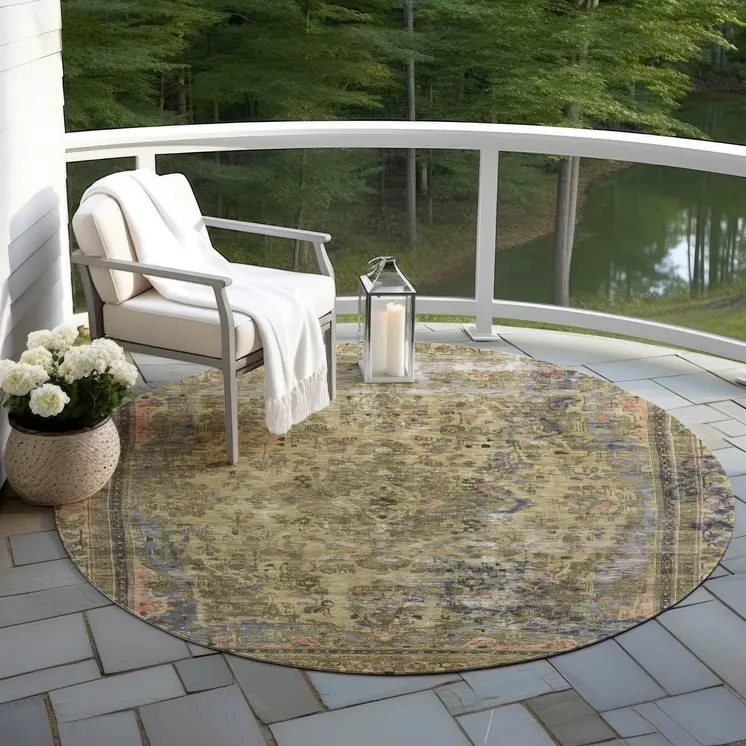 8' Artichoke Green And Denim Blue Round Medallion Washable Indoor Outdoor Area Rug