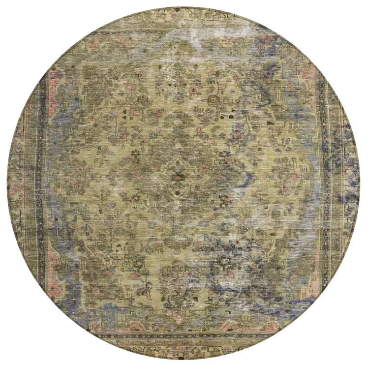 8' Artichoke Green And Denim Blue Round Medallion Washable Indoor Outdoor Area Rug