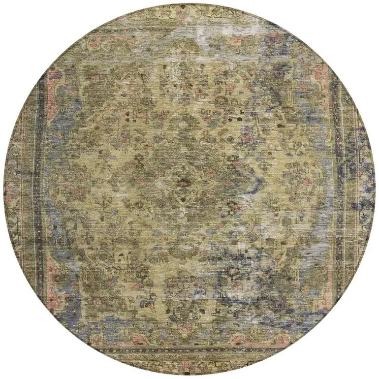 8' Artichoke Green And Denim Blue Round Medallion Washable Indoor Outdoor Area Rug