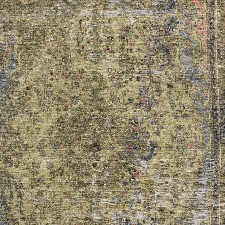 9' X 12' Artichoke Green And Denim Blue Medallion Washable Indoor Outdoor Area Rug