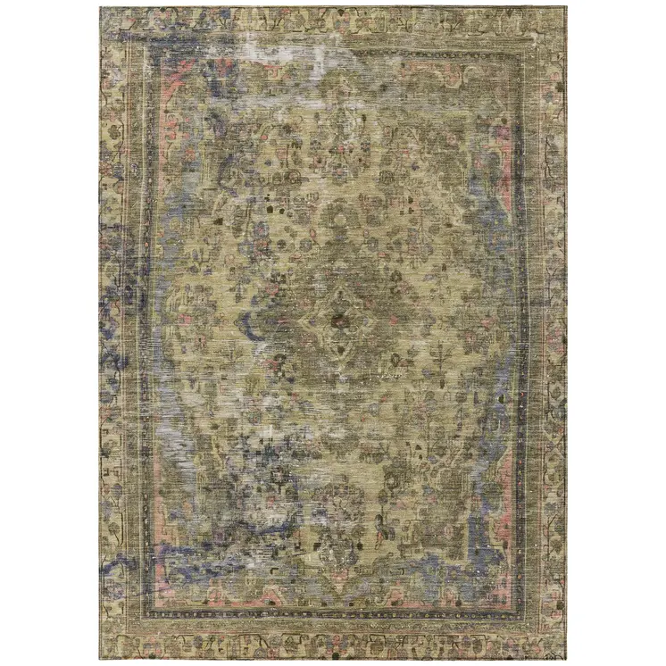 10' X 14' Artichoke Green And Denim Blue Medallion Washable Indoor Outdoor Area Rug