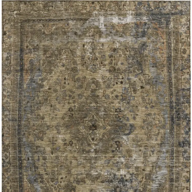 3' X 5' Brown And Denim Blue Medallion Washable Indoor Outdoor Area Rug