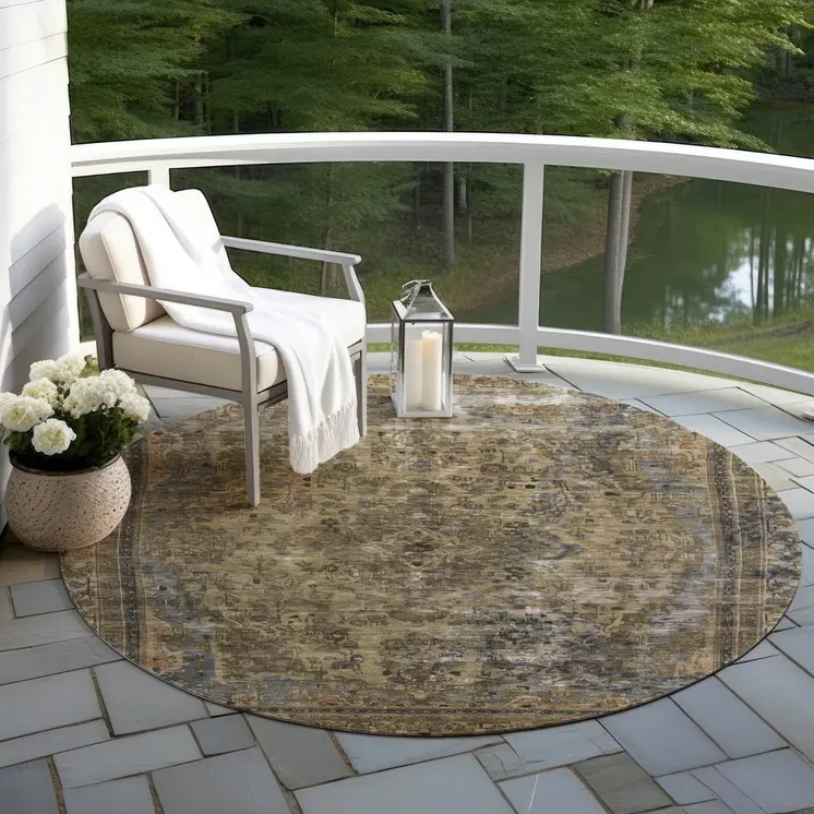 8' Brown And Denim Blue Round Medallion Washable Indoor Outdoor Area Rug