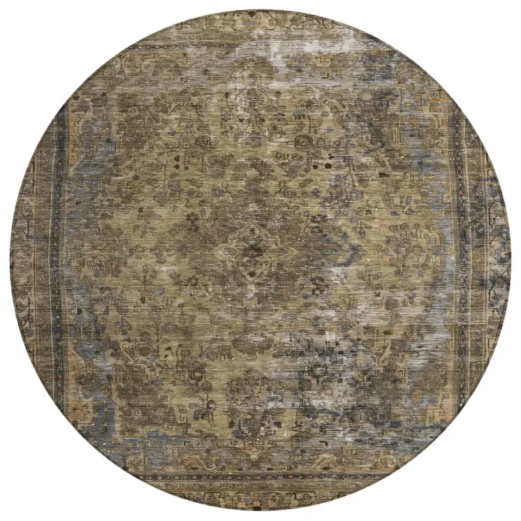8' Brown And Denim Blue Round Medallion Washable Indoor Outdoor Area Rug
