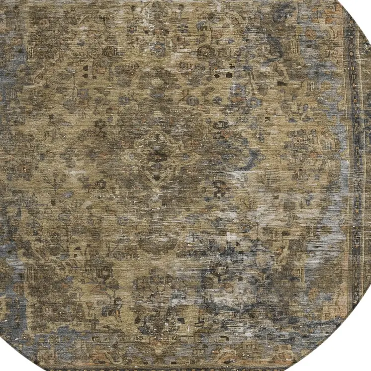8' Brown And Denim Blue Round Medallion Washable Indoor Outdoor Area Rug