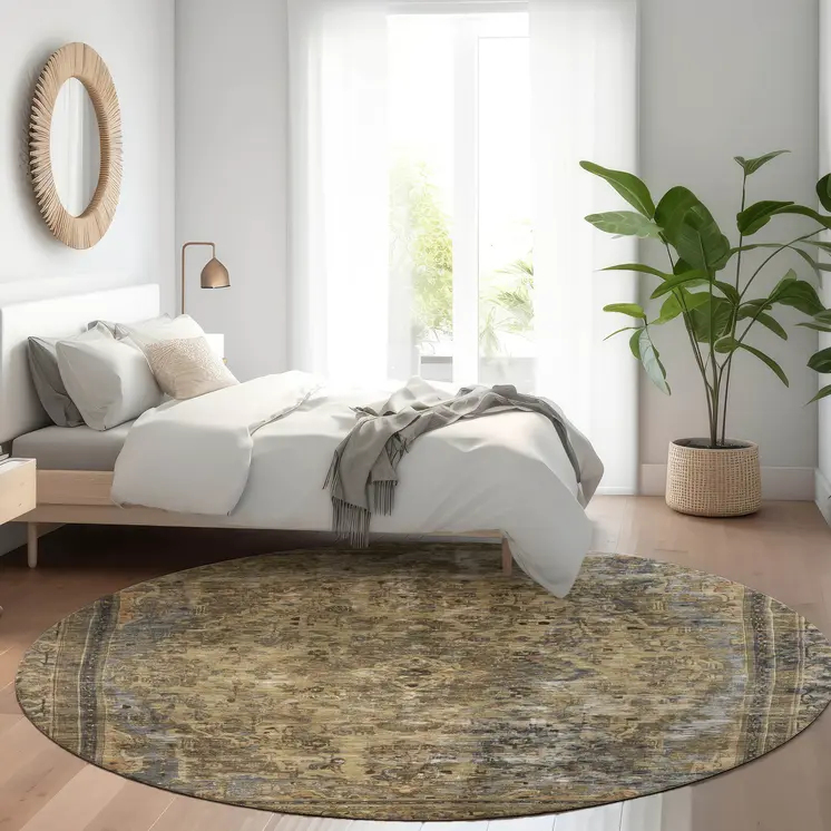 8' Brown And Denim Blue Round Medallion Washable Indoor Outdoor Area Rug