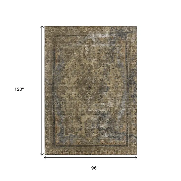 8' X 10' Brown And Denim Blue Medallion Washable Indoor Outdoor Area Rug