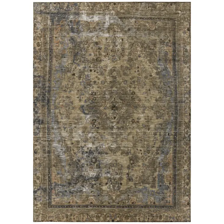 9' X 12' Brown And Denim Blue Medallion Washable Indoor Outdoor Area Rug