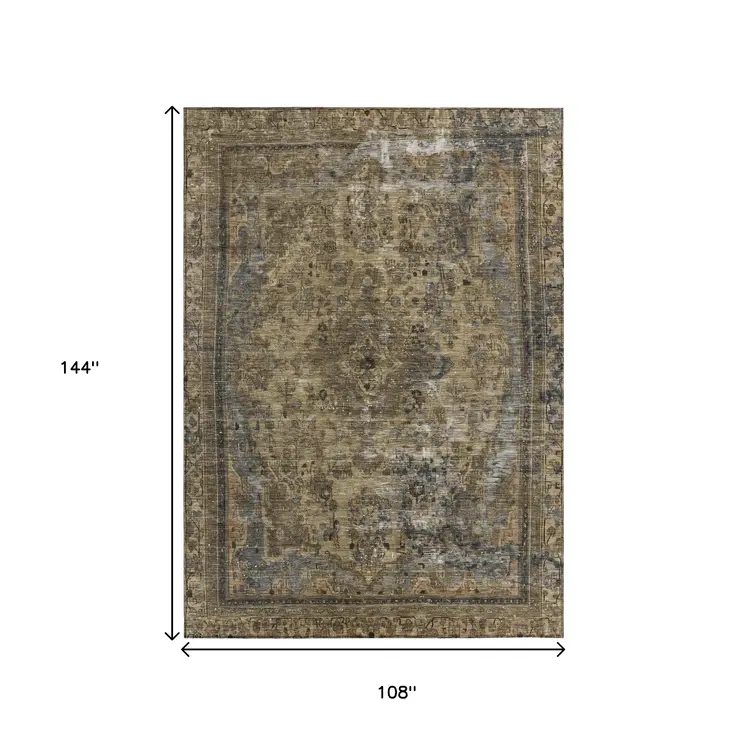 9' X 12' Brown And Denim Blue Medallion Washable Indoor Outdoor Area Rug