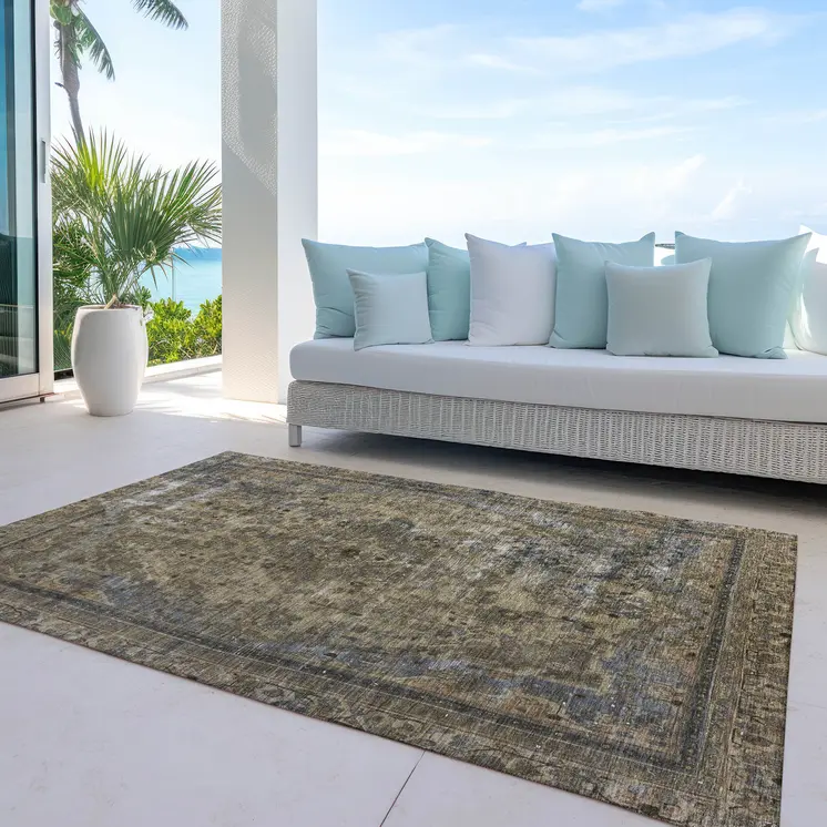 9' X 12' Brown And Denim Blue Medallion Washable Indoor Outdoor Area Rug