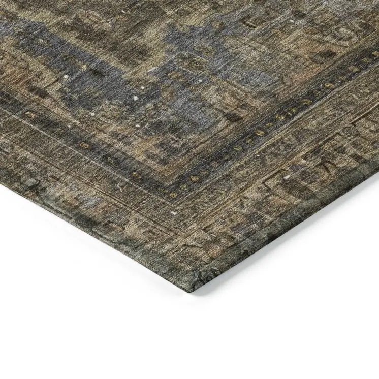 9' X 12' Brown And Denim Blue Medallion Washable Indoor Outdoor Area Rug