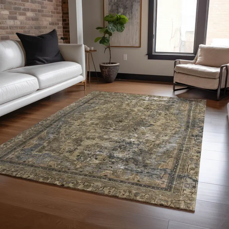 9' X 12' Brown And Denim Blue Medallion Washable Indoor Outdoor Area Rug