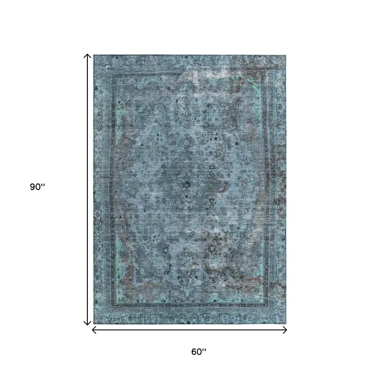 5' X 8' Blue And Gray Medallion Washable Indoor Outdoor Area Rug