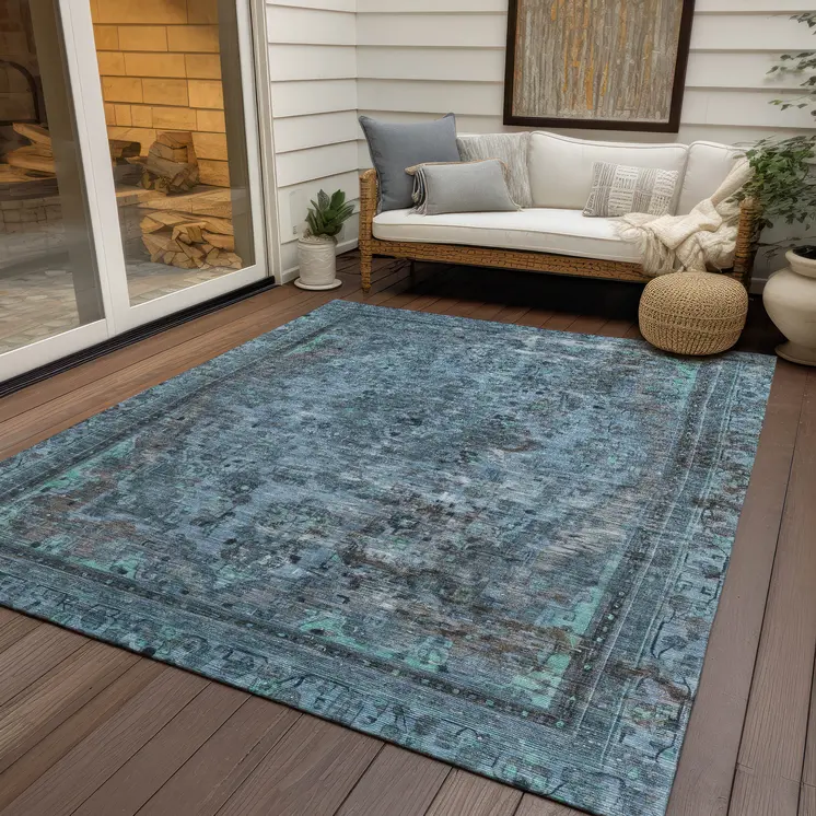 5' X 8' Blue And Gray Medallion Washable Indoor Outdoor Area Rug