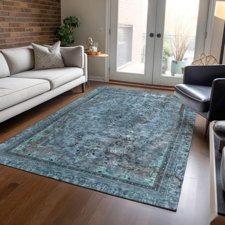 5' X 8' Blue And Gray Medallion Washable Indoor Outdoor Area Rug