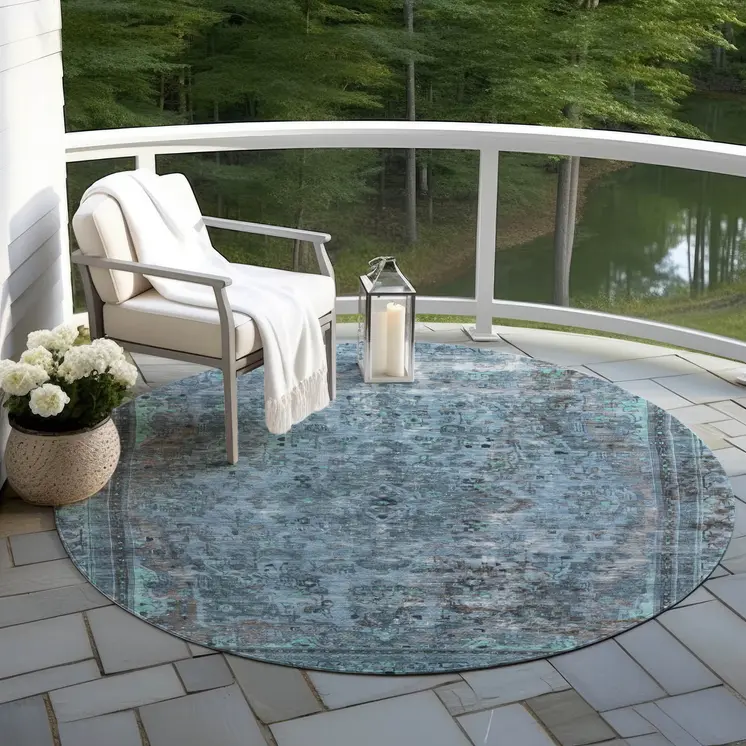 8' Blue And Gray Round Medallion Washable Indoor Outdoor Area Rug