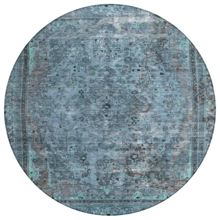 8' Blue And Gray Round Medallion Washable Indoor Outdoor Area Rug