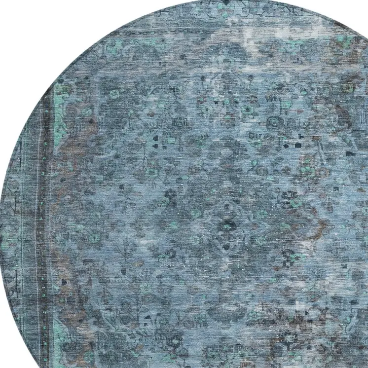 8' Blue And Gray Round Medallion Washable Indoor Outdoor Area Rug